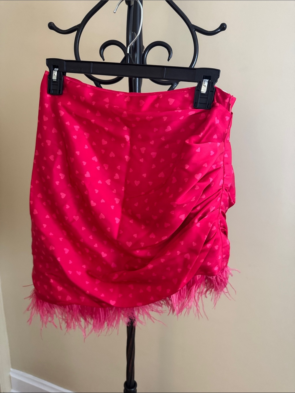 Lovers + Friends Hot Pink Heart-Print Feather Trim Mini Skirt